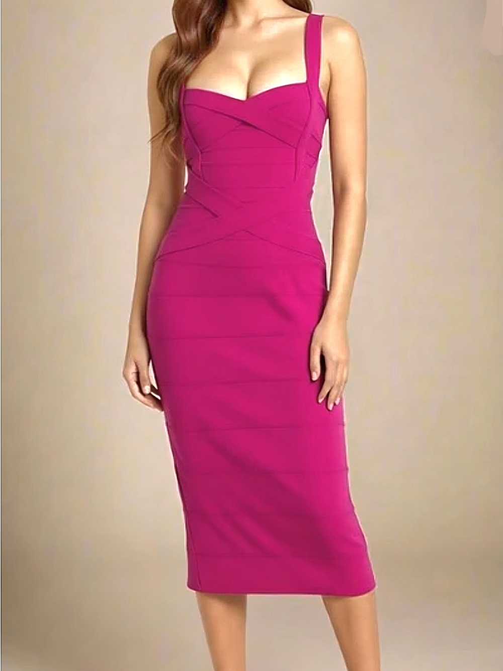 Bodycon Collection Heidi Magenta Midi Dress with Sweetheart Neckline Size Medium